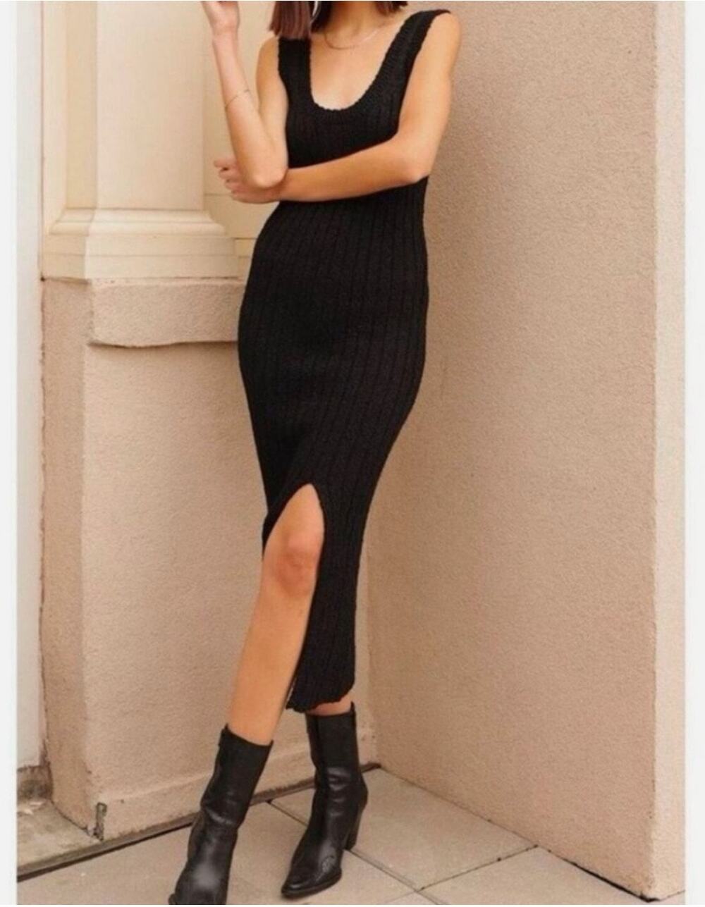 All:Row Knit Black Maxi Bodycon Dress Scoop Neck Slit Fitted Sleeveless Size S